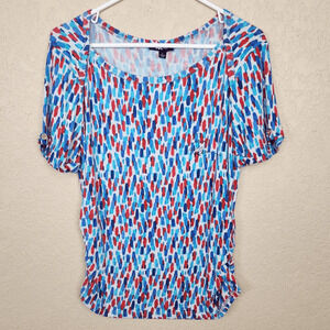 Ann Klein Sport Blue and Red on White Paintbrush Print Top Large NWT (3769)